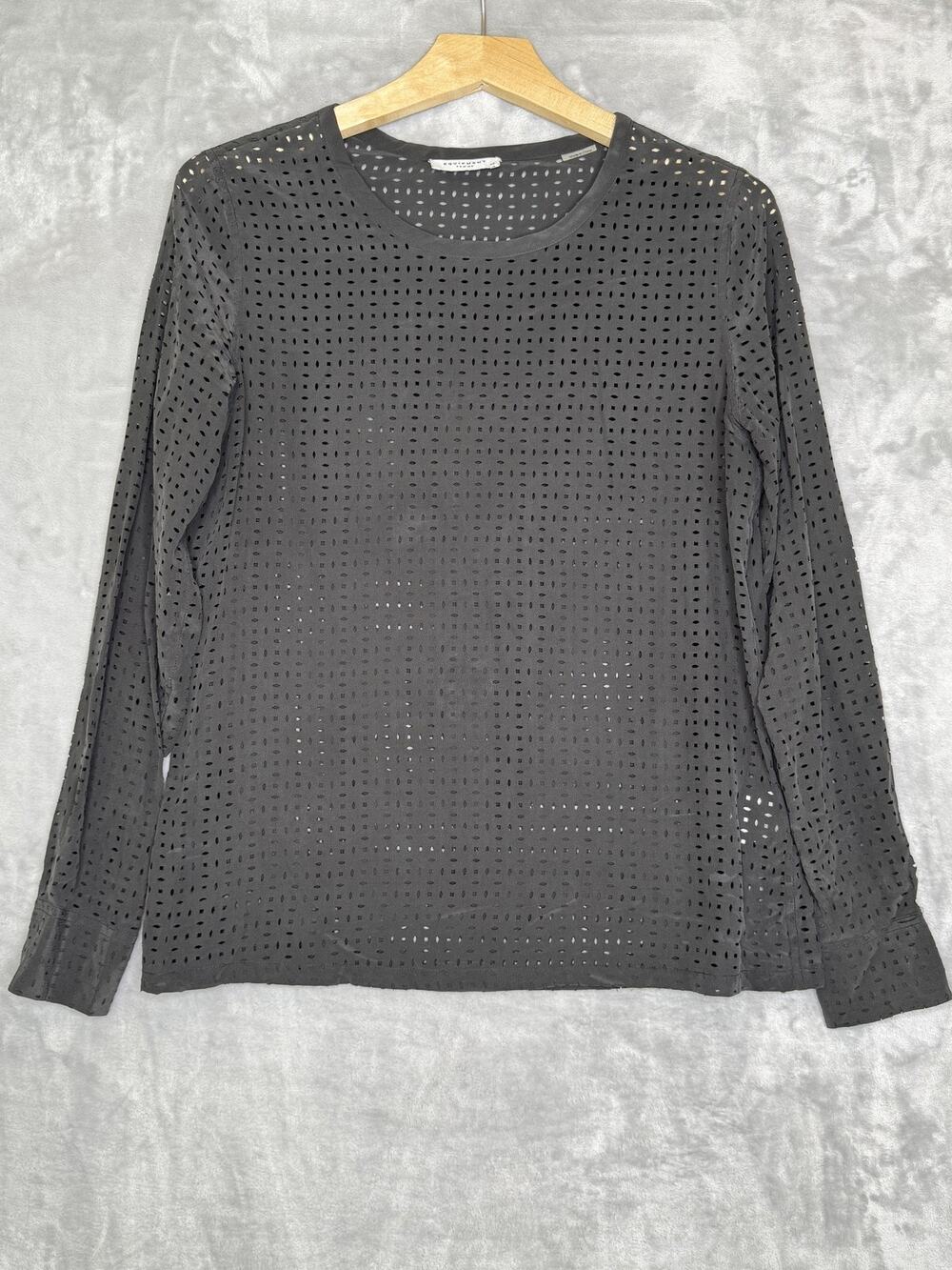 Equipment Femme Top Womens XS Gray Geometric Cutout 100% Silk Sheer Long Sleeve